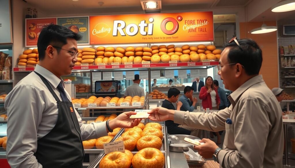 A busy bakery counter inside a Roti O shop, showcasing a vibrant array of freshly baked bread rolls and pastries. In the foreground, a cashier in professional attire is interacting with a customer who is holding cash. The middle layer features a colorful display of various bread types, with clear labels showcasing prices. In the background, customers are enjoying their purchases at small tables, creating a lively atmosphere. Soft, warm lighting floods the scene, casting gentle shadows and highlighting the golden crust of the bread. The mood is welcoming and bustling, reflecting the reality of payment methods in a contemporary Indonesian bakery. The angle is slightly elevated, providing a comprehensive view of the bakery’s interior while focusing on the transaction.
