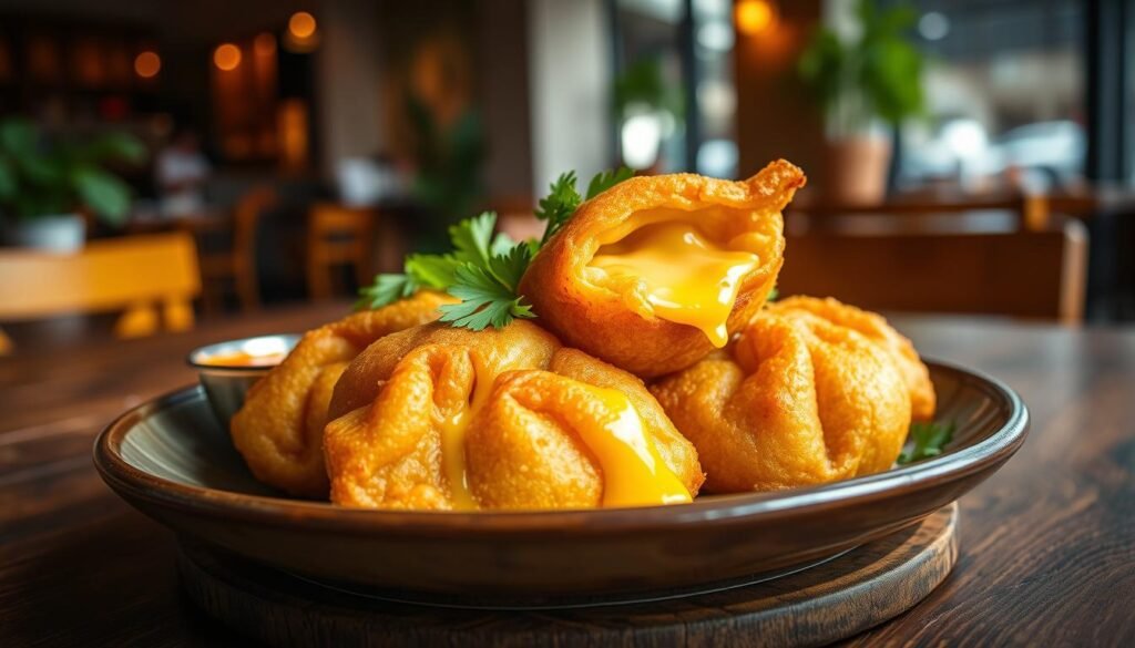 A close-up of a plate of golden brown, crispy fried cheese dim sum, bursting with melted cheese oozing from the edges. The dim sum is beautifully arranged on a rustic wooden table, garnished with fresh cilantro leaves and a side of vibrant dipping sauce. Soft, natural lighting highlights the glossy texture of the cheese and the crispy exterior, creating an inviting and appetizing scene. The background features a softly blurred urban café atmosphere, with hints of greenery and warm wooden accents, enhancing the cozy vibe. The mood is indulgent and satisfying, enticing viewers to imagine the rich, savory flavors melting in their mouths. The image captures a modern food trend, emphasizing the deliciousness of this viral snack. A close-up of a plate of golden brown, crispy fried cheese dim sum, bursting with melted cheese oozing from the edges. The dim sum is beautifully arranged on a rustic wooden table, garnished with fresh cilantro leaves and a side of vibrant dipping sauce. Soft, natural lighting highlights the glossy texture of the cheese and the crispy exterior, creating an inviting and appetizing scene. The background features a softly blurred urban café atmosphere, with hints of greenery and warm wooden accents, enhancing the cozy vibe. The mood is indulgent and satisfying, enticing viewers to imagine the rich, savory flavors melting in their mouths. The image captures a modern food trend, emphasizing the deliciousness of this viral snack.