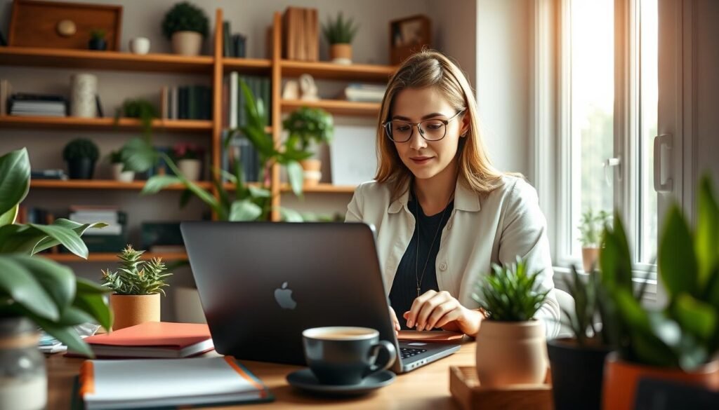 A cozy and inviting home office environment with a young professional woman in her late 20s, dressed in smart casual clothing, working at a desk. She is using a laptop surrounded by houseplants and organizational tools, showcasing the essence of home-based services business. In the foreground, include a colorful planner and a steaming cup of coffee. In the middle, focus on the woman as she thoughtfully types, embodying productivity and creativity. In the background, softly blurred shelves filled with books and decorative items hint at a warm, inspiring atmosphere. Natural sunlight pours in through a large window, bathing the scene in a cheerful, motivating glow, creating an air of opportunity and ambition. A cozy and inviting home office environment with a young professional woman in her late 20s, dressed in smart casual clothing, working at a desk. She is using a laptop surrounded by houseplants and organizational tools, showcasing the essence of home-based services business. In the foreground, include a colorful planner and a steaming cup of coffee. In the middle, focus on the woman as she thoughtfully types, embodying productivity and creativity. In the background, softly blurred shelves filled with books and decorative items hint at a warm, inspiring atmosphere. Natural sunlight pours in through a large window, bathing the scene in a cheerful, motivating glow, creating an air of opportunity and ambition.