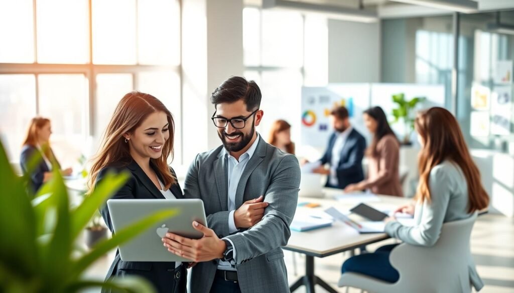 A diverse group of professional individuals engaging in various service-oriented tasks in a modern office setting. In the foreground, a young woman in smart business attire is collaborating with a man, both focused on a laptop screen, showcasing teamwork and innovation. The middle ground features others around a conference table discussing ideas, surrounded by colorful charts and presentations. In the background, large windows with natural light filter in, providing a bright, inviting atmosphere. Soft shadows add depth, while the overall scene conveys a sense of productivity and creativity. Emphasize a professional yet friendly vibe, with a harmonious color palette of blues and greens to reflect a positive work environment. A diverse group of professional individuals engaging in various service-oriented tasks in a modern office setting. In the foreground, a young woman in smart business attire is collaborating with a man, both focused on a laptop screen, showcasing teamwork and innovation. The middle ground features others around a conference table discussing ideas, surrounded by colorful charts and presentations. In the background, large windows with natural light filter in, providing a bright, inviting atmosphere. Soft shadows add depth, while the overall scene conveys a sense of productivity and creativity. Emphasize a professional yet friendly vibe, with a harmonious color palette of blues and greens to reflect a positive work environment.