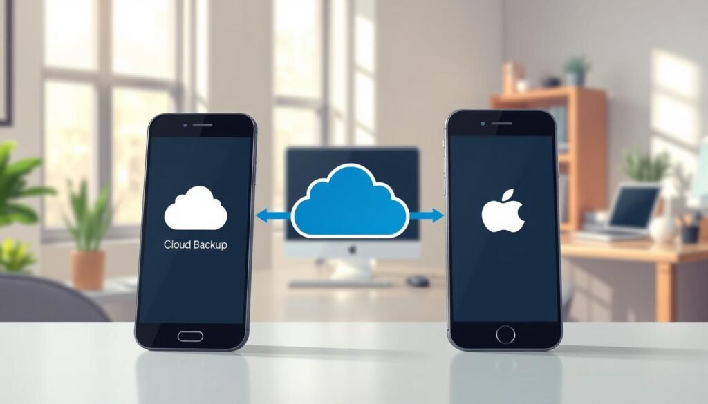 A highly detailed illustration of two smartphones, an Android and an iPhone, positioned prominently in the foreground, both displaying cloud backup icons on their screens. In the middle, a stylized cloud graphic hovers between the devices, symbolizing data transfer. The background features a soft-focus office environment with subtle tech elements, like a desk with a laptop and digital devices. Natural lighting pours in from a nearby window, casting soft shadows and creating a warm, inviting atmosphere. The scene conveys a sense of simplicity and efficiency, perfect for depicting the ease of transferring data between old and new phones using cloud accounts. The overall mood is professional and tech-savvy.