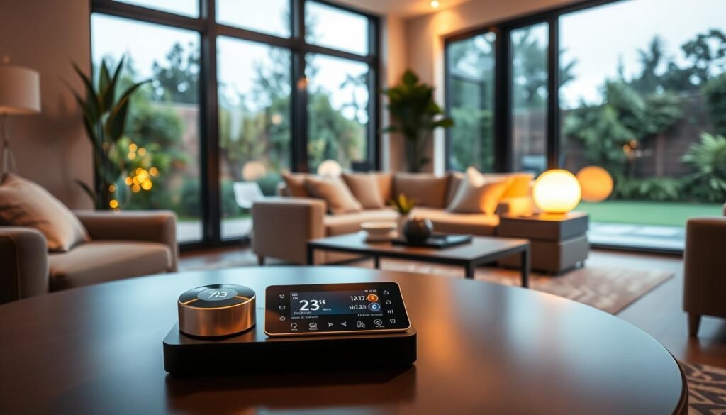 A modern living room showcasing a variety of smart home products seamlessly integrated into the home environment. In the foreground, a sleek smart thermostat and a touch-screen control panel are prominently displayed on a stylish coffee table. In the middle ground, a smart speaker and automated lighting system are subtly illuminating the space, with adjustable ambient light to create a cozy atmosphere. The background features large windows with an outdoor view of a lush garden, allowing natural light to flood the room. Soft shadows enhance the relaxed, inviting mood. The scene is captured with a wide-angle lens to create a spacious feel, with bright, warm lighting emphasizing the sophistication and innovation of the smart home products.