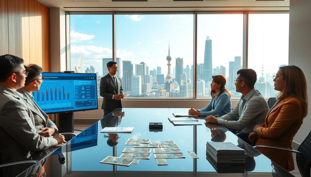 A modern office scene showcasing the perspective of Bank Indonesia on the Indonesian Rupiah. In the foreground, a diverse group of professionals in smart business attire is engaged in a discussion, with one person presenting data on a large digital screen. The middle of the image features a sleek conference table with financial reports and Rupiah notes strategically placed. In the background, a large window reveals a bustling Jakarta skyline under a clear blue sky, symbolizing economic progress. Soft, natural light floods the room, creating a warm atmosphere that conveys seriousness yet optimism. The overall mood is professional and focused, emphasizing the balance between legal regulations and the push for cashless transactions in Indonesia.