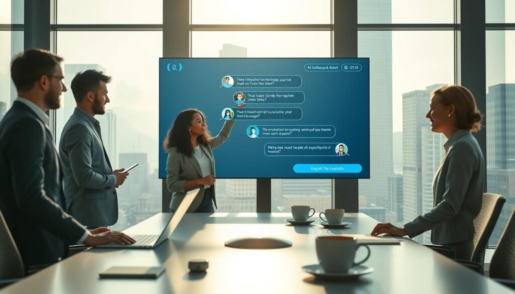 A modern office space featuring a sleek, futuristic chatbot interface displayed on a large interactive screen. In the foreground, a diverse group of three professionals dressed in business casual attire engages with the chatbot, showcasing active communication and collaboration. The middle ground includes a bright, well-lit conference table with laptops and coffee cups, emphasizing a productive atmosphere. In the background, large windows reveal a city skyline bathed in sunlight, enhancing the modern vibe. The overall mood is dynamic and innovative, highlighting the uses of AI chatbots in business settings. Consider a wide-angle perspective with soft, ambient lighting to enhance clarity and focus on the interaction between the professionals and the technology.