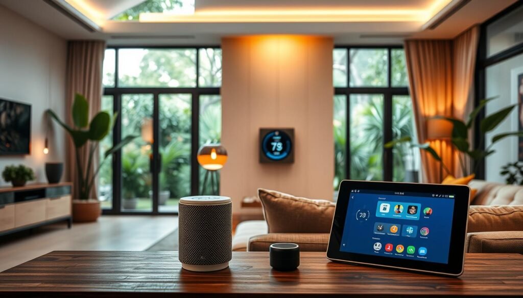 A modern smart home interior showcasing various cutting-edge smart home devices. In the foreground, a stylish living room features a sleek smart speaker and a modern tablet displaying a smart home control app. The middle ground highlights a smart thermostat on the wall, alongside automated lighting fixtures that change color. In the background, large windows allow natural light to flood in, revealing a beautifully landscaped garden outside. The room is filled with greenery, adding a fresh and inviting atmosphere. Soft, warm lighting enhances the cozy mood, while a wide-angle view captures the seamless integration of technology in everyday life, emphasizing comfort and efficiency in a contemporary Indonesian setting.