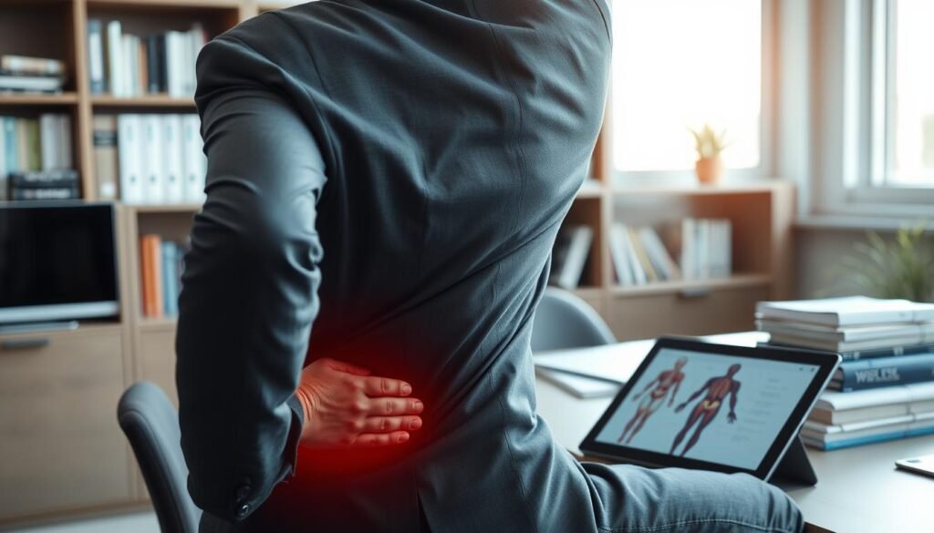 A person in a professional business attire, sitting in a well-lit office, visibly experiencing discomfort in their right lower back. The foreground features the individual with a hand on their right side, showing a body language of concern. The middle ground depicts a desk with medical books and a tablet displaying anatomical diagrams of the human body. The background showcases a bookshelf filled with health and wellness resources, softly illuminated by natural sunlight coming through a window, casting gentle shadows. The atmosphere is somber yet educational, aimed at raising awareness of lower back pain causes. The image should focus on the health and anatomy theme without any text or distractions, creating a clear representation of the topic.