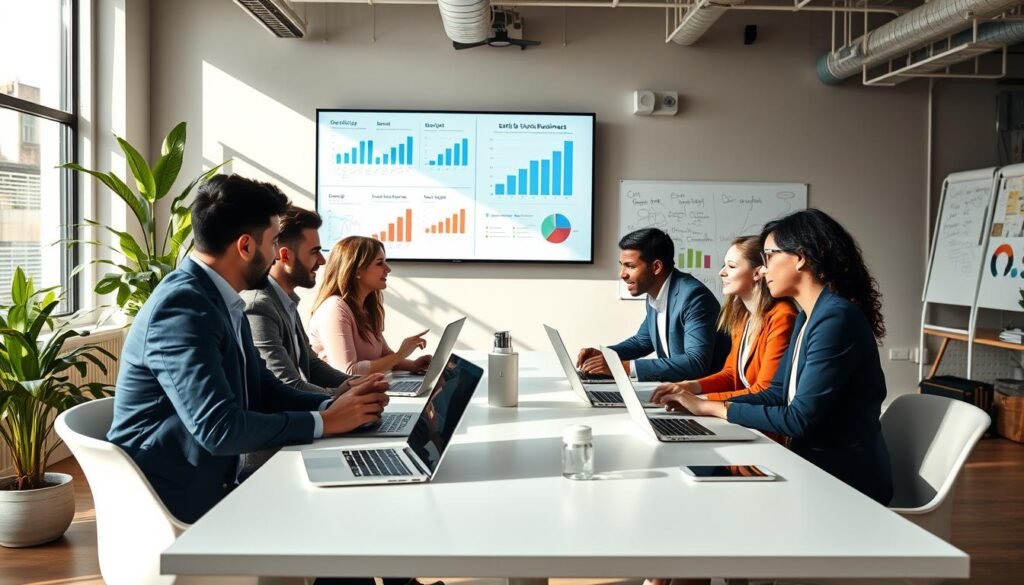 A professional business setting illustrating the concept of starting a digital business on a budget. In the foreground, a diverse group of people engaged in a discussion, dressed in smart casual attire, with laptops and digital devices on a modern table. The middle ground features a large screen displaying charts and graphs related to digital business strategies. In the background, a bright and airy office space, with large windows letting in natural light, plants for a fresh ambiance, and a whiteboard filled with notes and ideas. The atmosphere is collaborative and inspiring, emphasizing innovation and opportunity in the digital economy. The image should convey a sense of enthusiasm and motivation, shot with a wide-angle lens to capture the entire scene clearly.