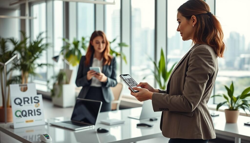 A professional service provider for QRIS, standing in a modern office environment. In the foreground, a confident businesswoman in professional attire, engaging with a smartphone displaying a QR code. The middle ground features a sleek desk with QRIS promotional materials, laptops, and a payment terminal. The background showcases a modern office with large windows letting in natural light, green plants, and a view of the city skyline, conveying innovation and reliability. Soft, warm lighting enhances the welcoming ambiance, with an angle focusing on the interaction of the woman with the technology. The scene should evoke a sense of trust and professionalism, suitable for inspiring confidence in QRIS services.