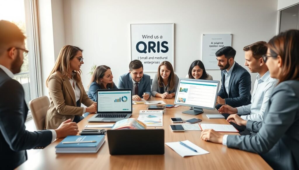A professional setting showcasing the process of creating a QRIS for small and medium enterprises (UMKM). In the foreground, a diverse group of business professionals in smart casual attire is engaged around a modern conference table, examining a laptop screen displaying a QRIS generation application. In the middle, various tools such as brochures about QRIS, smartphones, and notepads are scattered across the table, symbolizing innovation and accessibility. The background features a bright, modern office with large windows, allowing natural light to flood in, creating a warm and inviting atmosphere. A motivational poster about digital transformation hangs on the wall. The camera angle is slightly elevated, allowing for a comprehensive view of the collaborative environment. The mood is focused and optimistic, highlighting the potential of QRIS for business growth.