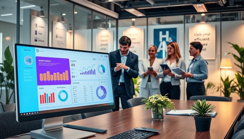 A professional workspace highlighting the key factors in selecting the right AI chatbot. In the foreground, a sleek, modern desktop computer displays a vibrant dashboard filled with chatbot analytics and user engagement metrics. The middle ground features a diverse group of three professionals in business attire discussing the dashboard, one pointing at the screen while others take notes. The background showcases a contemporary office with glass walls, motivational posters on efficiency, and plants for a touch of greenery. Soft, warm lighting creates an inviting atmosphere, suggesting collaboration and innovation. Use a wide-angle lens to capture the depth of the office space, focusing on the synergy between technology and teamwork in optimizing business with AI chatbots.