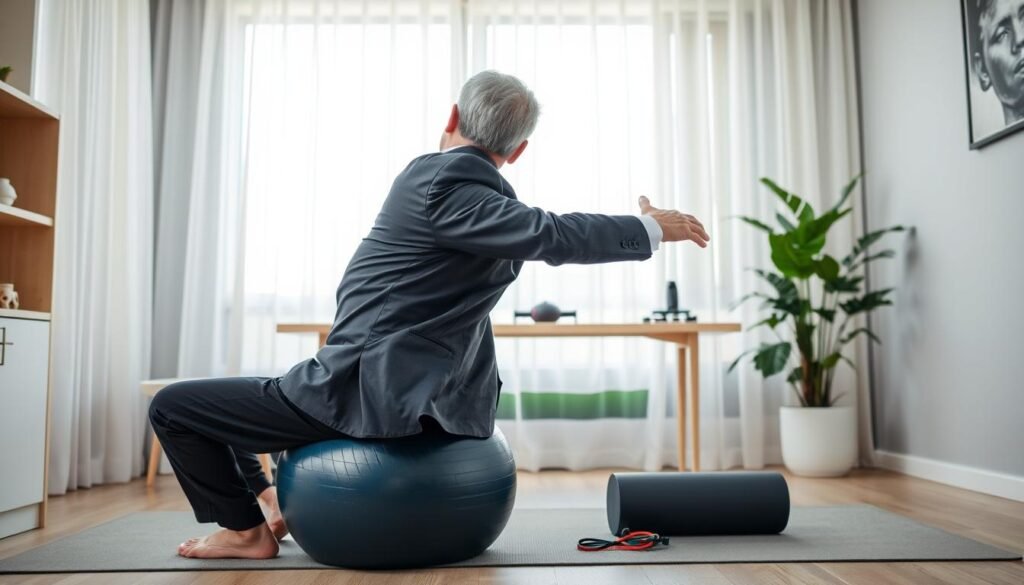 A serene home office setting illustrating treatment for right-side lower back pain. In the foreground, a middle-aged person, dressed in professional business attire, is sitting on a yoga ball, demonstrating a stretching exercise. In the middle, a table equipped with various physical therapy tools such as a foam roller and resistance bands. The background features a softly lit window with sheer curtains, allowing natural light to gently illuminate the scene. The atmosphere is calm and focused, promoting a sense of healing and wellness. A plant in the corner adds a touch of tranquility. The angle is slightly overhead, capturing the entire setup harmoniously.