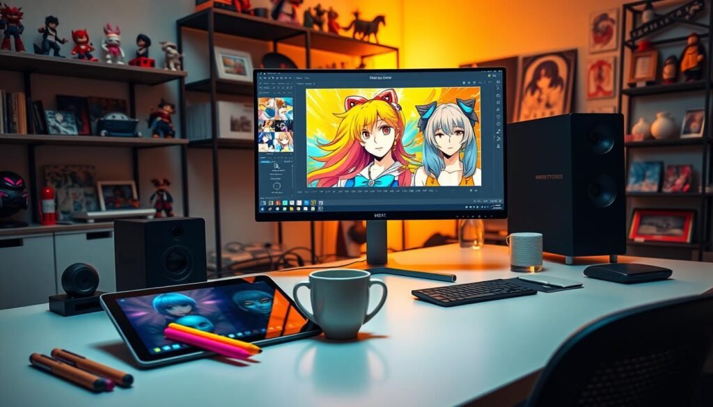 A stylish digital workspace featuring a modern computer setup with vibrant anime-themed editing software displayed on the screen. In the foreground, a well-organized desk with a high-resolution tablet, colorful styluses, and a cup of steaming coffee. The middle ground shows a large monitor with an open editing application showcasing an anime-style photo transformation, featuring bright colors and dynamic visual elements. In the background, shelves filled with anime figurines and artwork create an inspiring atmosphere. Soft, warm lighting illuminates the space, emphasizing creativity and focus. The camera angle is slightly elevated, giving a wide view of the workspace while maintaining clarity on the editing software being used. The overall mood is energetic and focused, ideal for a creative editing session.