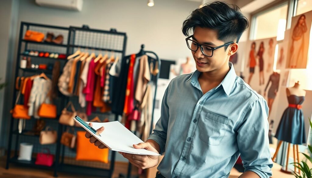 A vibrant and creative workspace showcasing fashion and accessories business opportunities. In the foreground, a stylish young entrepreneur of Southeast Asian descent is sketching fashion designs on a notepad, dressed in modern, smart-casual attire. The middle layer features a stylish display rack filled with colorful accessories, such as bags, jewelry, and scarves, creating an inviting ambiance. In the background, large windows let in warm natural light, illuminating the room and highlighting mood boards filled with trendy fashion inspiration. The overall atmosphere is inspiring and energetic, reflecting the dynamic world of fashion entrepreneurship, with a soft focus on the details to enhance depth. The image should evoke a sense of creativity, ambition, and opportunity without any text or watermarks. A vibrant and creative workspace showcasing fashion and accessories business opportunities. In the foreground, a stylish young entrepreneur of Southeast Asian descent is sketching fashion designs on a notepad, dressed in modern, smart-casual attire. The middle layer features a stylish display rack filled with colorful accessories, such as bags, jewelry, and scarves, creating an inviting ambiance. In the background, large windows let in warm natural light, illuminating the room and highlighting mood boards filled with trendy fashion inspiration. The overall atmosphere is inspiring and energetic, reflecting the dynamic world of fashion entrepreneurship, with a soft focus on the details to enhance depth. The image should evoke a sense of creativity, ambition, and opportunity without any text or watermarks.