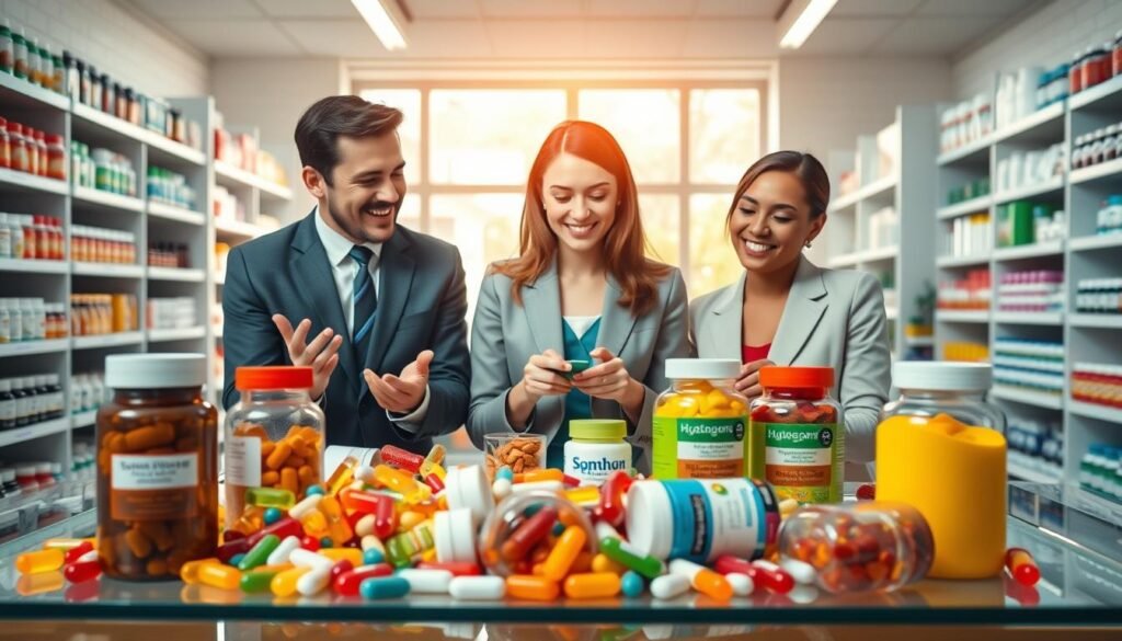 A vibrant and informative scene depicting the benefits of vitamins for immune health. In the foreground, a table is filled with colorful vitamin supplements in various forms, such as capsules, gummies, and powders, all neatly arranged. In the middle ground, a diverse group of two people, a man and a woman, both dressed in professional business attire, cheerfully examining the supplements, with expressions of curiosity and interest. The background features a well-lit pharmacy or health store, shelves stocked with health products, and soft natural light streaming through large windows, creating a warm and inviting atmosphere. The composition should convey a sense of health and vitality, emphasizing the importance of supplements in strengthening the immune system. A vibrant and informative scene depicting the benefits of vitamins for immune health. In the foreground, a table is filled with colorful vitamin supplements in various forms, such as capsules, gummies, and powders, all neatly arranged. In the middle ground, a diverse group of two people, a man and a woman, both dressed in professional business attire, cheerfully examining the supplements, with expressions of curiosity and interest. The background features a well-lit pharmacy or health store, shelves stocked with health products, and soft natural light streaming through large windows, creating a warm and inviting atmosphere. The composition should convey a sense of health and vitality, emphasizing the importance of supplements in strengthening the immune system.