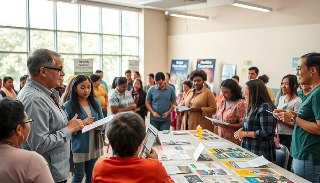 A vibrant community health workshop scene, showcasing diverse participants actively engaging in various interactive health literacy activities. In the foreground, a facilitator in professional attire explains a health topic using visual aids, surrounded by a small group of attentive community members in modest casual clothing. The middle ground features tables with informative pamphlets and hands-on displays about healthy living and wellness practices. The background captures a community center setting with banners promoting health education, large windows allowing natural light to flood the space, creating a warm and inviting atmosphere. Soft lighting enhances the friendly mood, while a wide-angle perspective emphasizes the inclusivity and dynamism of the event, reflecting a strong community bond around health literacy.