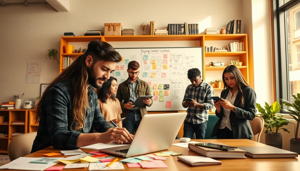 A vibrant creative workspace scene featuring a diverse group of young professionals collaborating on digital content creation. In the foreground, a woman and a man explore ideas on a laptop, surrounded by colorful sticky notes and sketches. The middle ground showcases a large whiteboard filled with brainstorming visuals and mind maps, while additional team members work on tablets and smartphones, deep in concentration. The background features inviting shelves with art supplies and books on creativity, bathed in warm, natural light from a large window. The atmosphere is energetic and inspiring, reflecting innovation and teamwork in the world of creative content. The angle captures depth, highlighting the dynamic interactions and focused expressions of the team in smart casual attire. A vibrant creative workspace scene featuring a diverse group of young professionals collaborating on digital content creation. In the foreground, a woman and a man explore ideas on a laptop, surrounded by colorful sticky notes and sketches. The middle ground showcases a large whiteboard filled with brainstorming visuals and mind maps, while additional team members work on tablets and smartphones, deep in concentration. The background features inviting shelves with art supplies and books on creativity, bathed in warm, natural light from a large window. The atmosphere is energetic and inspiring, reflecting innovation and teamwork in the world of creative content. The angle captures depth, highlighting the dynamic interactions and focused expressions of the team in smart casual attire.