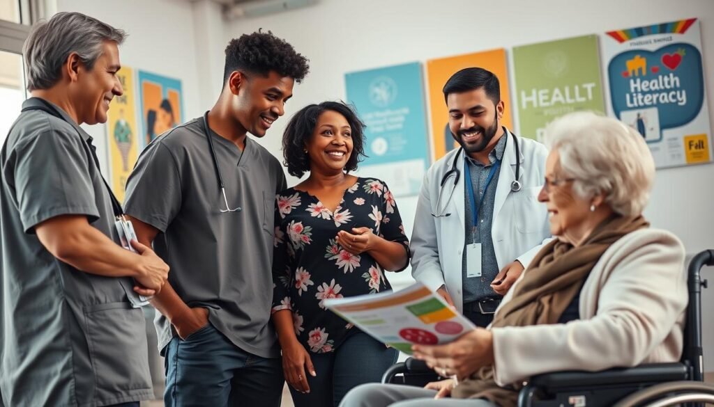 A vibrant, inclusive healthcare setting featuring a diverse group of professionals and community members engaged in meaningful conversation. In the foreground, a male healthcare worker of Asian descent speaks to a middle-aged Black woman in a floral blouse, who nods attentively. Nearby, a young Hispanic male in a lab coat reviews health materials with an elderly white woman in a wheelchair, both smiling. The background shows colorful posters promoting health literacy and inclusivity. Soft, natural lighting illuminates the room, enhancing the warm atmosphere. The camera is positioned at eye level to foster a sense of connection and community engagement, emphasizing support and collaboration among different ethnic groups in a modern, welcoming environment.