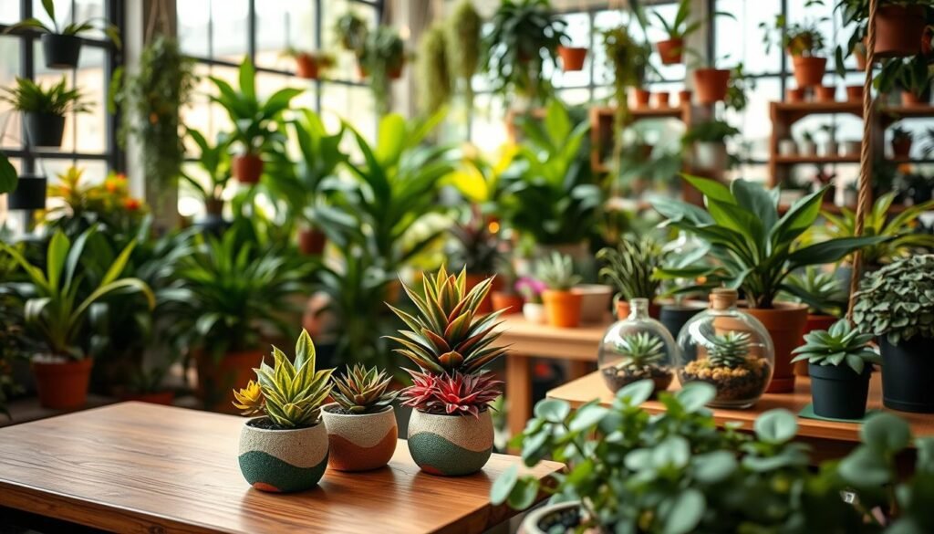 A vibrant indoor plant shop featuring a variety of lush, green ornamental plants, well-arranged in aesthetically pleasing displays. In the foreground, a couple of small, eco-friendly decorative pots made from recycled materials showcase colorful houseplants, while a wooden table holds beautifully crafted terrariums. In the middle ground, a diverse selection of hanging plants creates a vibrant, inviting atmosphere. The background reveals large windows letting in soft, natural light, illuminating the rich greens and warm earth tones of the shop. The mood is serene and inviting, suggesting a sustainable business atmosphere. The focus is on the products and environment, conveying the beauty of a green business concept. The scene has soft, warm lighting to create a welcoming ambiance. A vibrant indoor plant shop featuring a variety of lush, green ornamental plants, well-arranged in aesthetically pleasing displays. In the foreground, a couple of small, eco-friendly decorative pots made from recycled materials showcase colorful houseplants, while a wooden table holds beautifully crafted terrariums. In the middle ground, a diverse selection of hanging plants creates a vibrant, inviting atmosphere. The background reveals large windows letting in soft, natural light, illuminating the rich greens and warm earth tones of the shop. The mood is serene and inviting, suggesting a sustainable business atmosphere. The focus is on the products and environment, conveying the beauty of a green business concept. The scene has soft, warm lighting to create a welcoming ambiance.