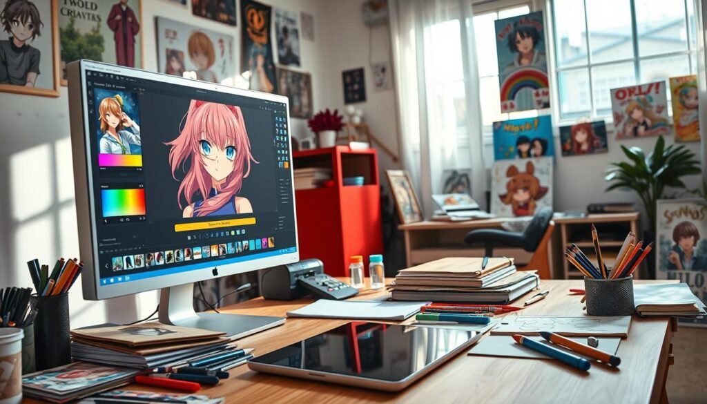 A visually engaging tutorial scene showcasing a digital workspace editing anime-style photos using the PicsArt app. In the foreground, a computer screen displays a vibrant anime character being edited, with colorful editing tools and layers visible on the interface. The middle ground features a desk cluttered with art supplies like sketchbooks and markers alongside a tablet stylus, emphasizing the creative process. In the background, a softly lit room is decorated with anime posters and artwork, creating an inspiring atmosphere. Natural light streams through a window, casting gentle shadows, enhancing the mood of artistic flair and creativity. The overall scene is bright, inviting, and dynamic, making it appealing for readers interested in learning about anime photo editing.