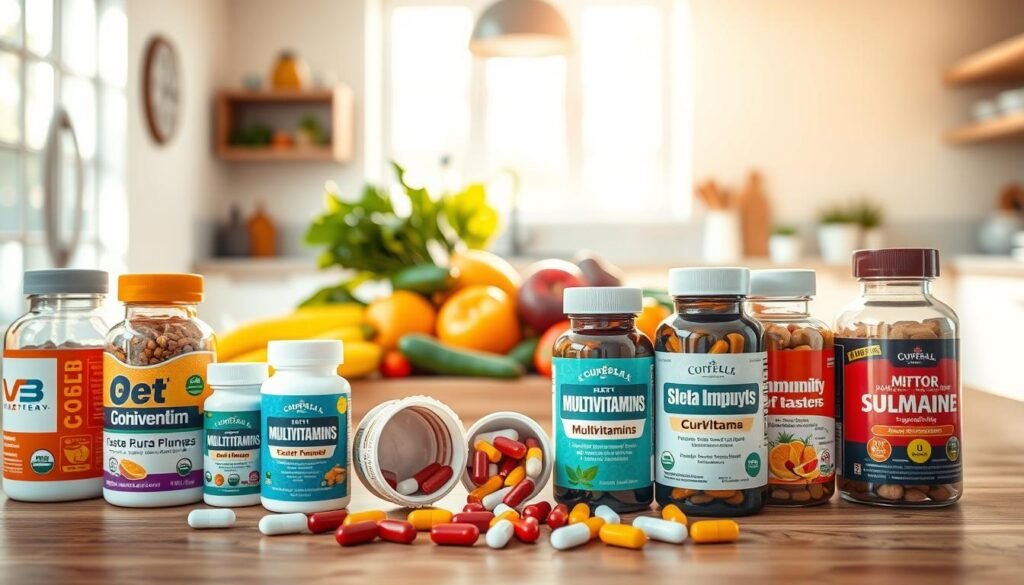 A visually striking arrangement showcasing the best multivitamins for boosting immunity. In the foreground, neatly organized bottles of multivitamins with vibrant and colorful labels, some open to reveal capsules of various shapes and sizes. In the middle ground, a clean wooden table adorned with fresh fruits and vegetables, symbolizing health, set against a soft-focus background of a bright, airy kitchen bathed in natural sunlight. The lighting is warm and inviting, creating a cheerful atmosphere. The image conveys a sense of wellness, nourishment, and vitality, aimed at health-conscious individuals looking to enhance their immune system with quality supplements. The perspective is slightly elevated, capturing the entire scene with a gentle depth of field. A visually striking arrangement showcasing the best multivitamins for boosting immunity. In the foreground, neatly organized bottles of multivitamins with vibrant and colorful labels, some open to reveal capsules of various shapes and sizes. In the middle ground, a clean wooden table adorned with fresh fruits and vegetables, symbolizing health, set against a soft-focus background of a bright, airy kitchen bathed in natural sunlight. The lighting is warm and inviting, creating a cheerful atmosphere. The image conveys a sense of wellness, nourishment, and vitality, aimed at health-conscious individuals looking to enhance their immune system with quality supplements. The perspective is slightly elevated, capturing the entire scene with a gentle depth of field.