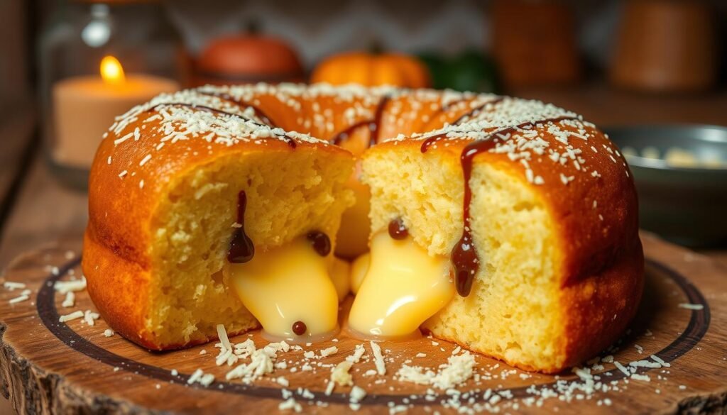 Create a mouthwatering image of "bolu ketan keju lumer," a popular Indonesian dessert, featuring a soft, fluffy texture with melted cheese oozing from its center. The bolu should be presented on a rustic wooden plate, garnished with a sprinkle of grated cheese and a drizzle of chocolate sauce. In the foreground, emphasize the warm, inviting golden-brown color of the cake, showcasing its moist interior as a piece is pulled apart, revealing the gooey cheese. The background should include a softly blurred kitchen setting with warm, ambient lighting, creating a cozy atmosphere. Capture the essence of a delightful treat that is both sweet and savory, appealing to the senses and inviting viewers to indulge. Use a slightly overhead angle to enhance the composition, ensuring clarity and focus on the dessert. Create a mouthwatering image of "bolu ketan keju lumer," a popular Indonesian dessert, featuring a soft, fluffy texture with melted cheese oozing from its center. The bolu should be presented on a rustic wooden plate, garnished with a sprinkle of grated cheese and a drizzle of chocolate sauce. In the foreground, emphasize the warm, inviting golden-brown color of the cake, showcasing its moist interior as a piece is pulled apart, revealing the gooey cheese. The background should include a softly blurred kitchen setting with warm, ambient lighting, creating a cozy atmosphere. Capture the essence of a delightful treat that is both sweet and savory, appealing to the senses and inviting viewers to indulge. Use a slightly overhead angle to enhance the composition, ensuring clarity and focus on the dessert.