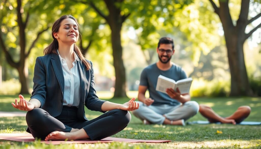 A serene wellness scene depicting stress management for a healthy lifestyle, featuring a diverse group of three people engaged in various calming activities. In the foreground, a woman in professional casual attire practices yoga on a mat, her eyes closed in meditation, radiating tranquility. In the middle, a man sits cross-legged, reading a book on mindfulness, with a gentle smile on his face. The background showcases a sunlit park with lush greenery, soft sunlight filtering through the trees, creating a warm and inviting atmosphere. The composition has a balanced perspective, capturing the overall sense of peace and well-being. The mood is uplifting and serene, promoting a message of healthy stress management and the embrace of positive habits.